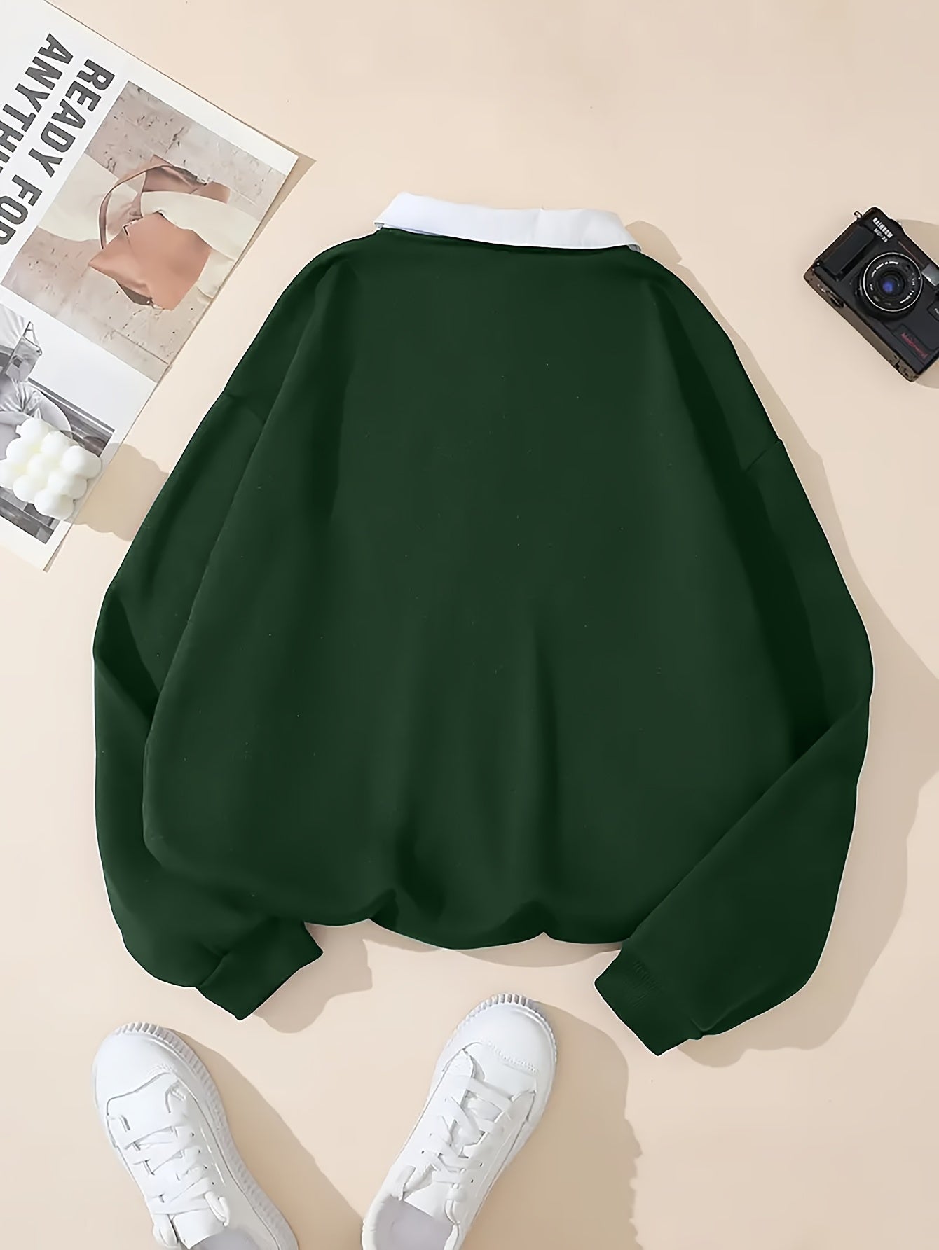 Women's Fashion Sweatshirt, 100% Polyester Knit Fabric, Geometric Pattern, Lapel Collar with Button Detail, All-Season Casual Pullover